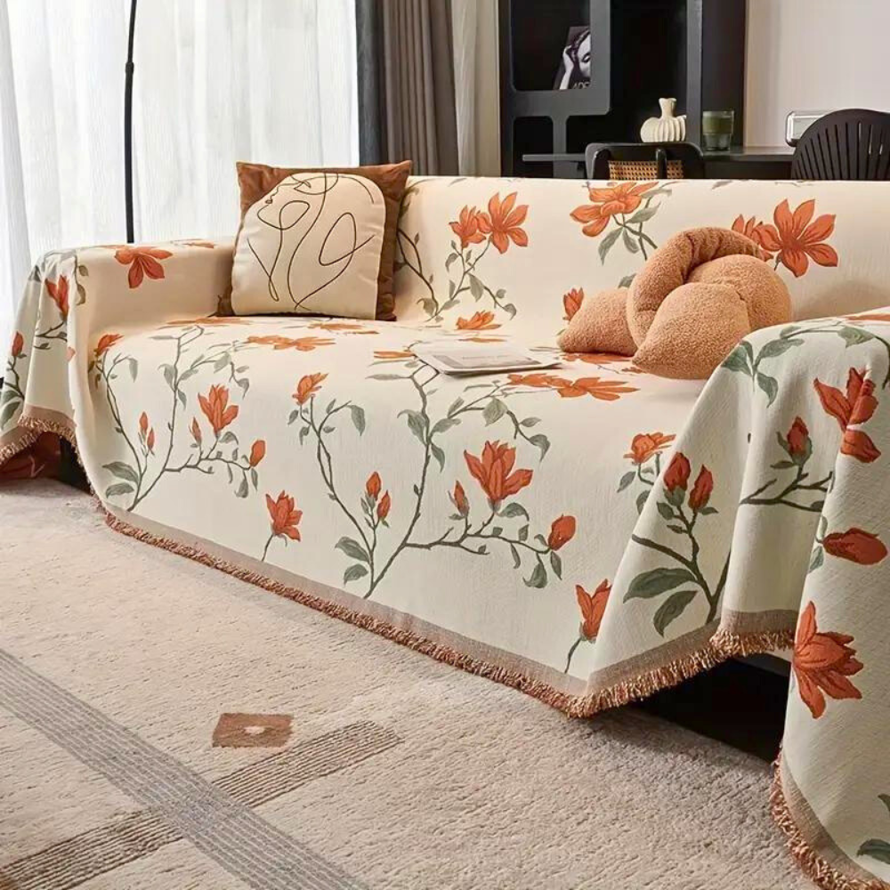Housse de canapé en chenille fleurs vintage – Beige Orange