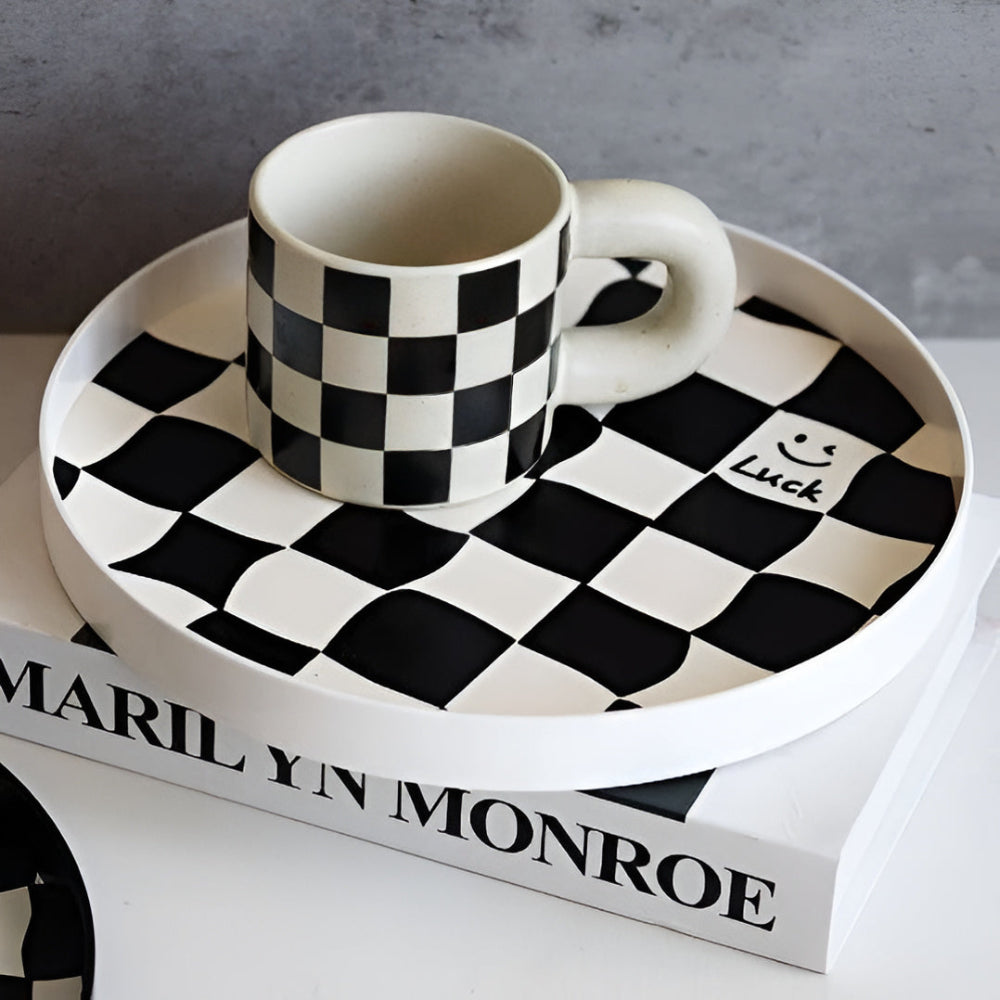 Plateau de rangement rond damier