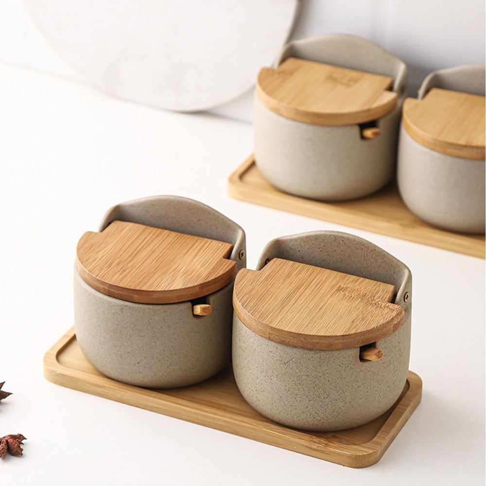 Set de pots à épices en céramique et bambou