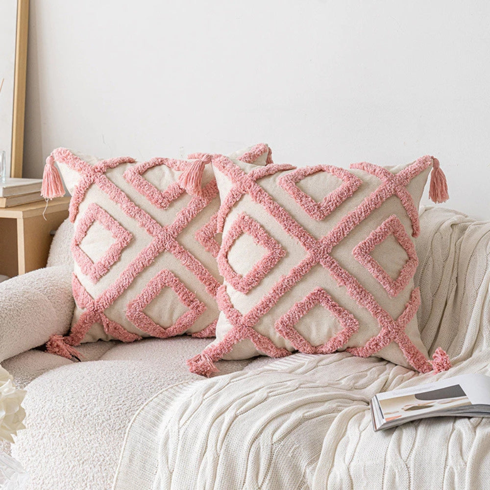 Coussins boho fleuris à pompons