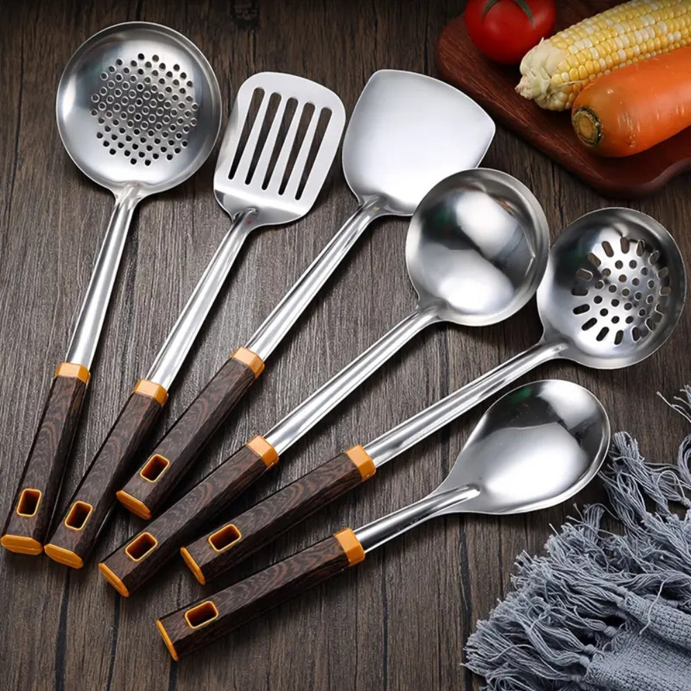 Ustensiles en inox effet bois | Lot de 6