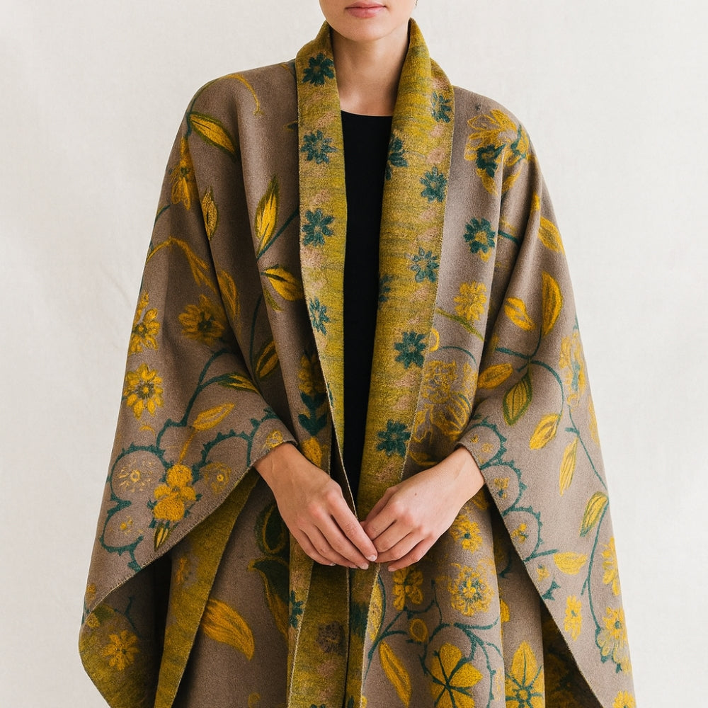 Écharpe-châle d'hiver fleurie double face – Beige Blossom