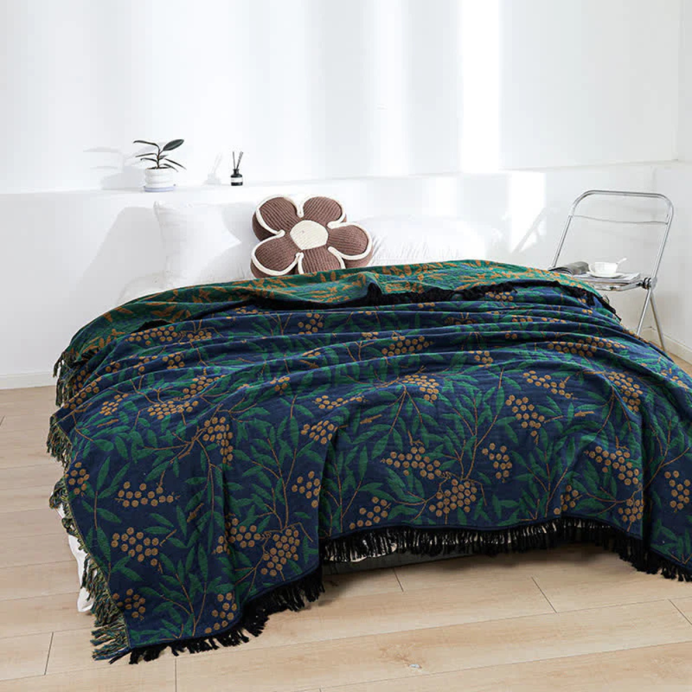Plaid en coton à pompons bégonias et fruits