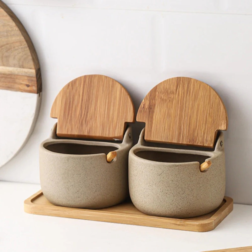Set de pots à épices en céramique et bambou