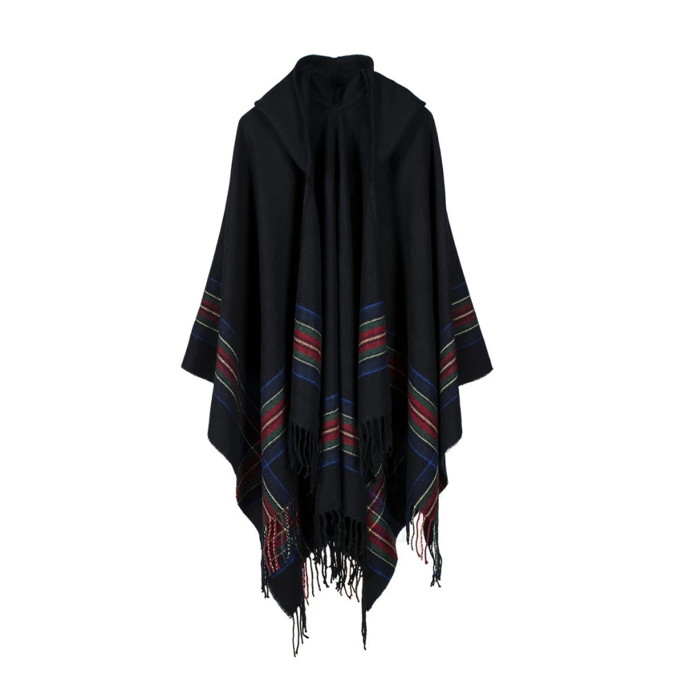 Poncho-châle acrylique rayé à capuche – Midnight Stripe