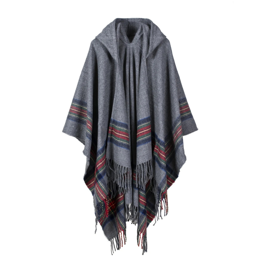 Poncho-châle acrylique rayé à capuche