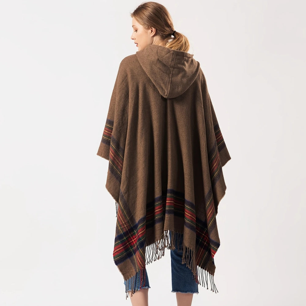 Poncho-châle acrylique rayé à capuche