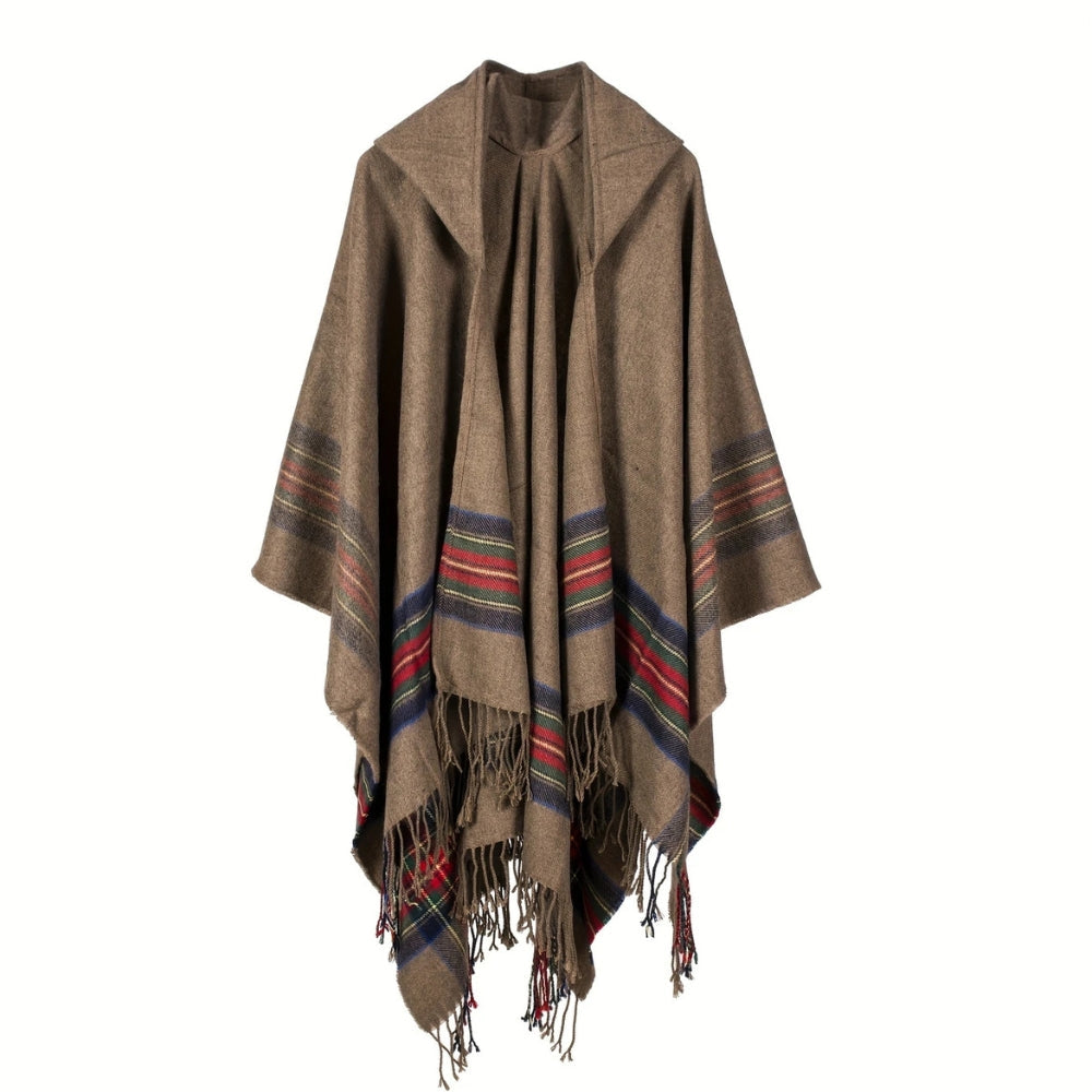 Poncho-châle acrylique rayé à capuche