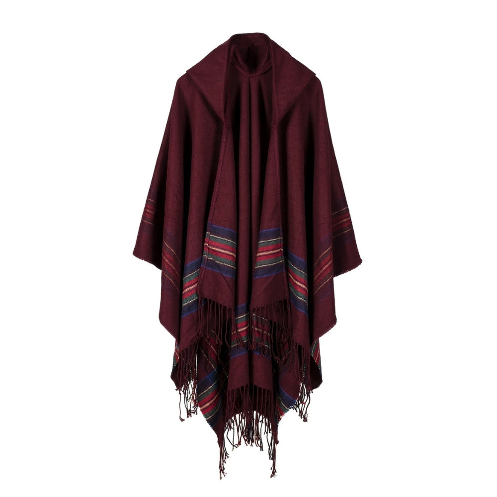 Poncho-châle acrylique rayé à capuche