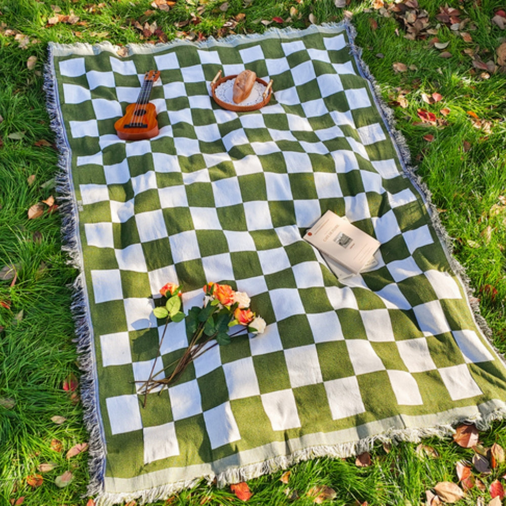 Plaid de pique-nique à carreaux et franges toutes saisons