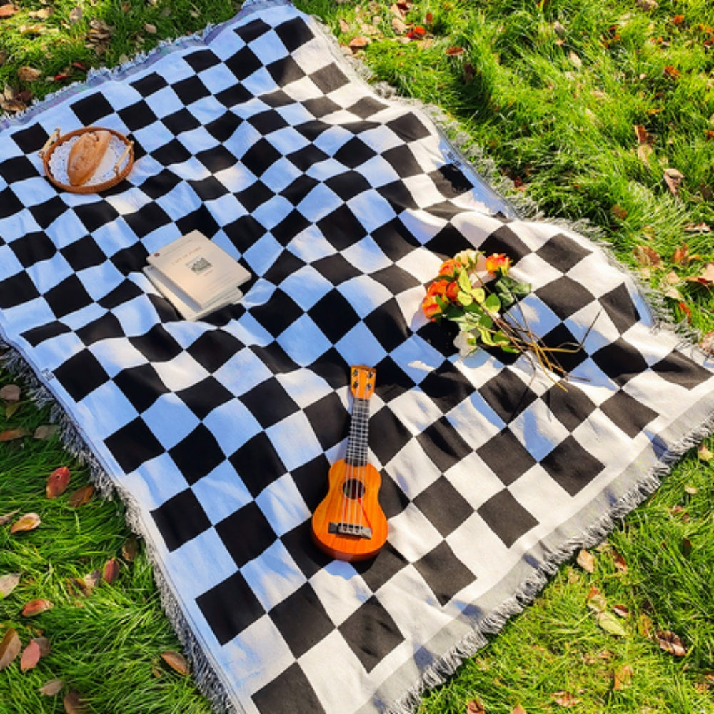 Plaid de pique-nique à carreaux et franges toutes saisons – Midnight plaid