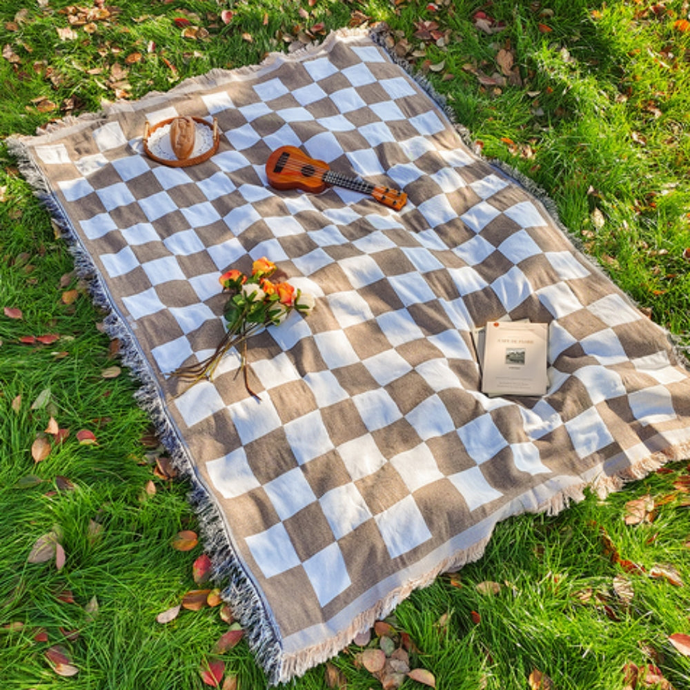 Plaid de pique-nique à carreaux et franges toutes saisons