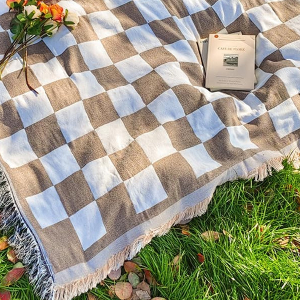Plaid de pique-nique à carreaux et franges toutes saisons