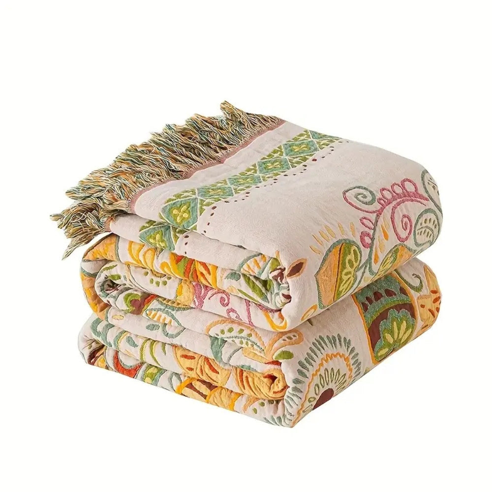 Plaid réversible en coton boho feuilles d'automne