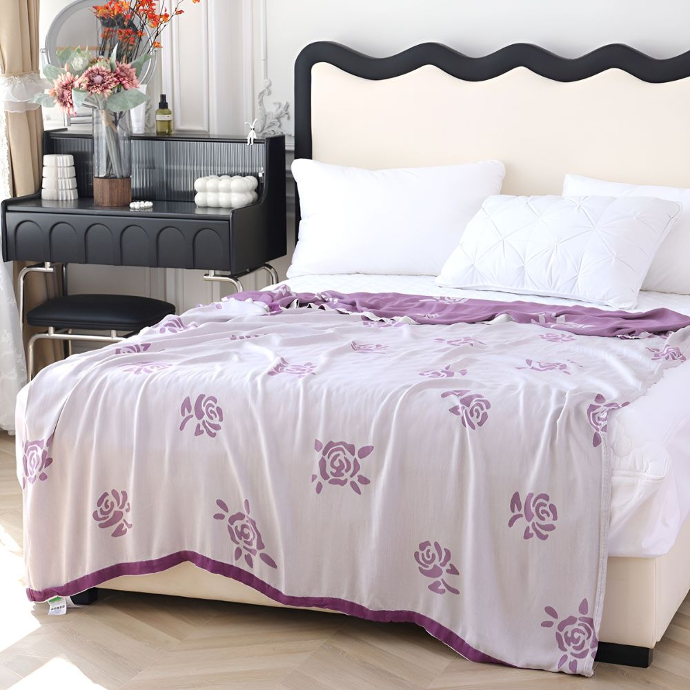 Plaid rafraîchissant en fibre de bambou motif roses – Violet