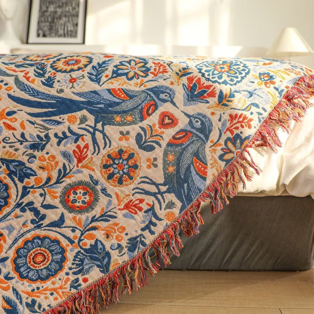 Plaid en coton motif oiseaux et fleurs