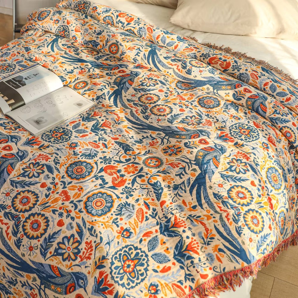 Plaid en coton motif oiseaux et fleurs