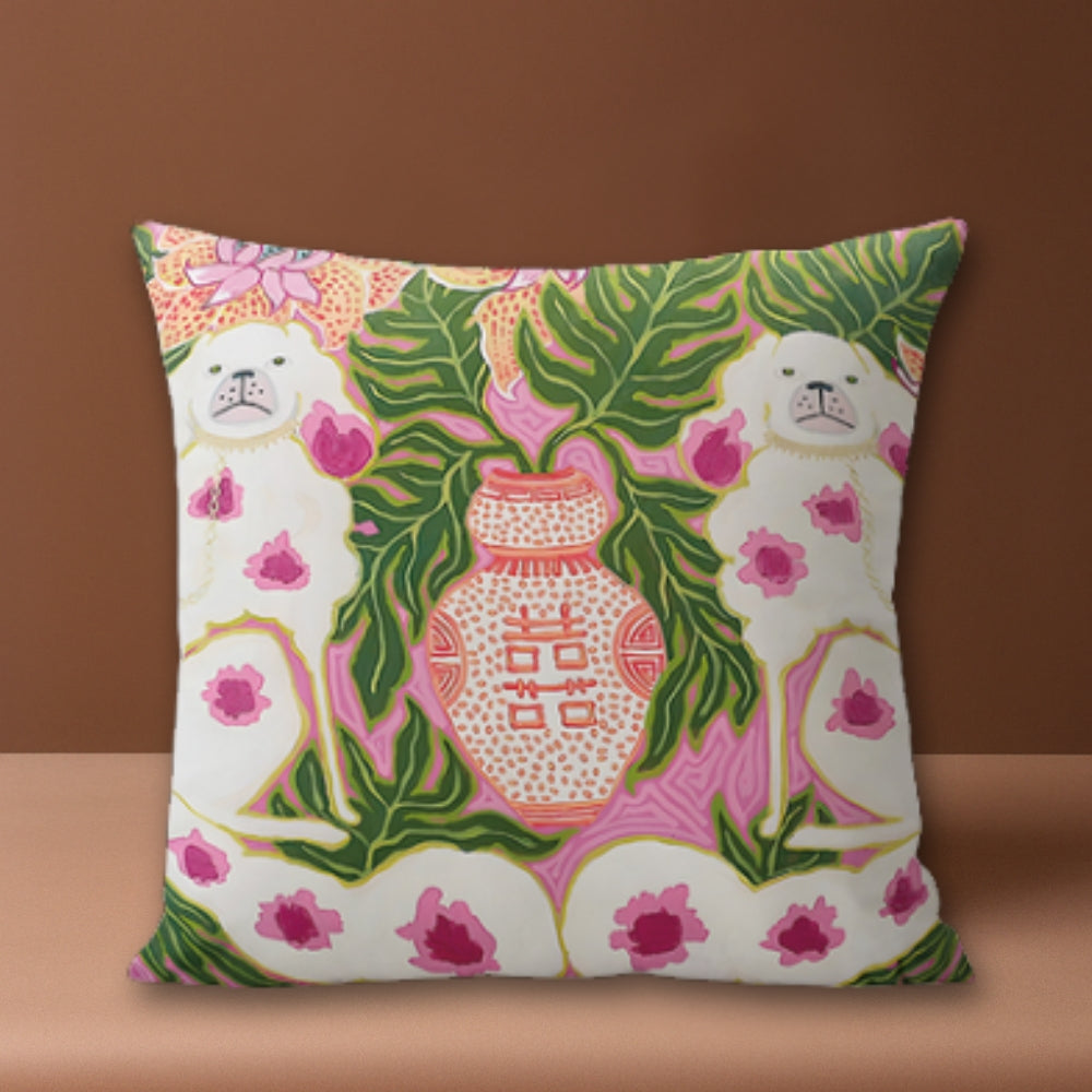 Housse de coussin rose poudré à pompons motif chien