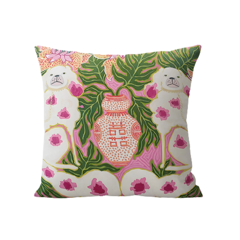 Housse de coussin rose poudré à pompons motif chien