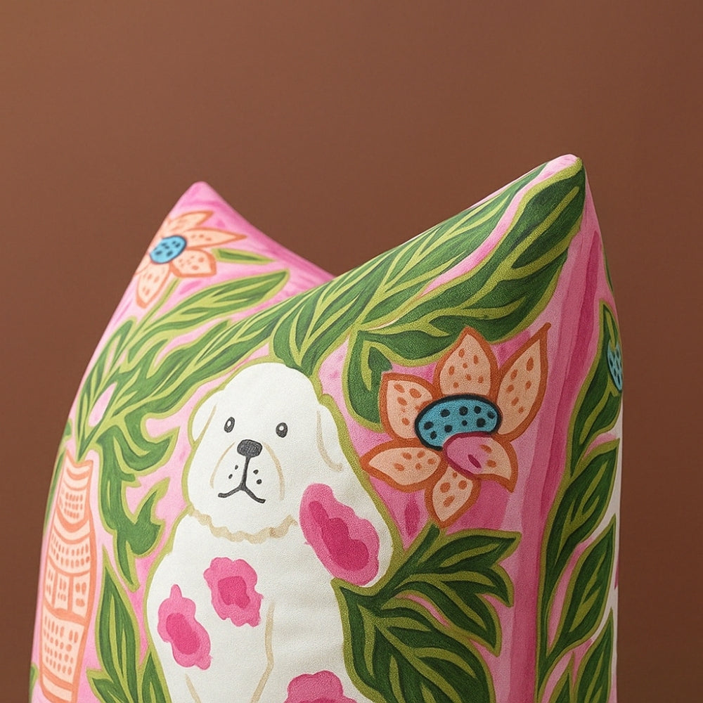 Housse de coussin rose poudré à pompons motif chien