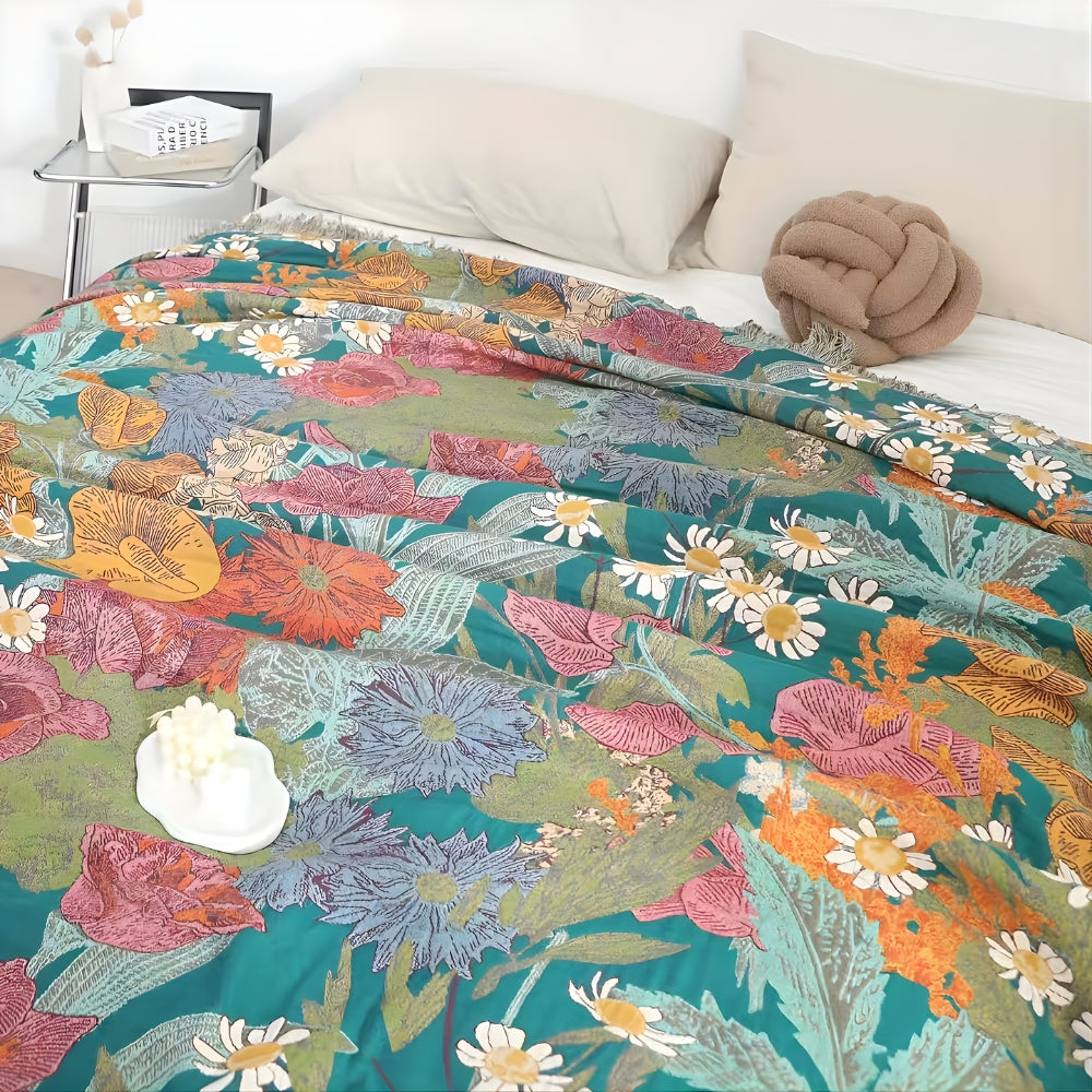 Plaid en coton patchwork fleuri bohème à pompons