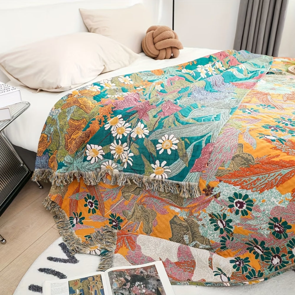 Plaid en coton patchwork fleuri bohème à pompons