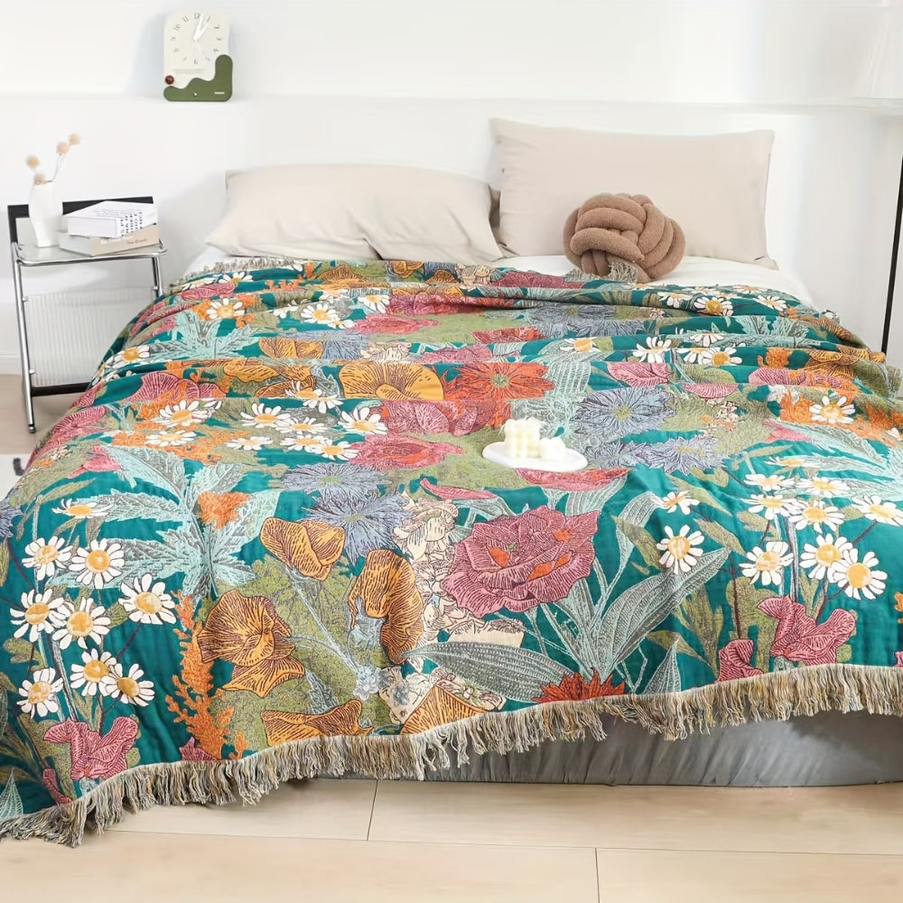 Plaid en coton patchwork fleuri bohème à pompons – 59"x79"