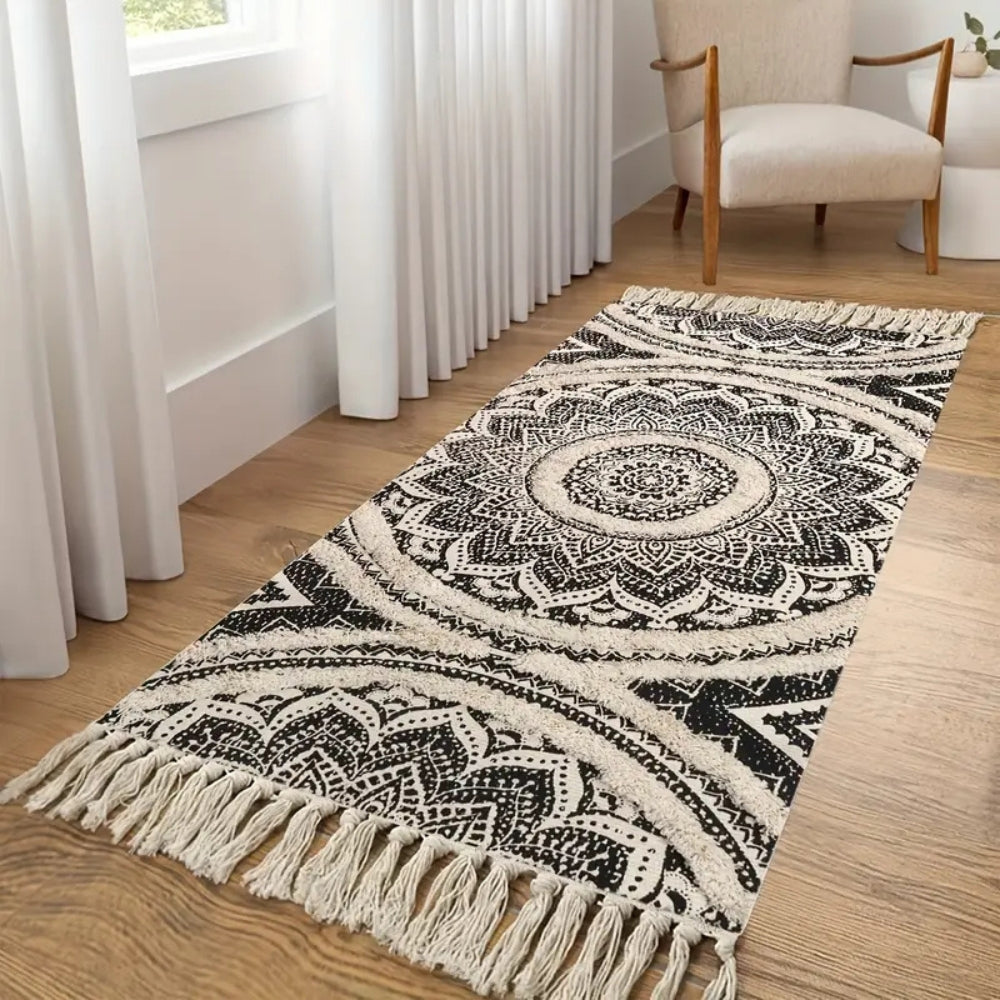 Tapis de couloir bohème noir et crème