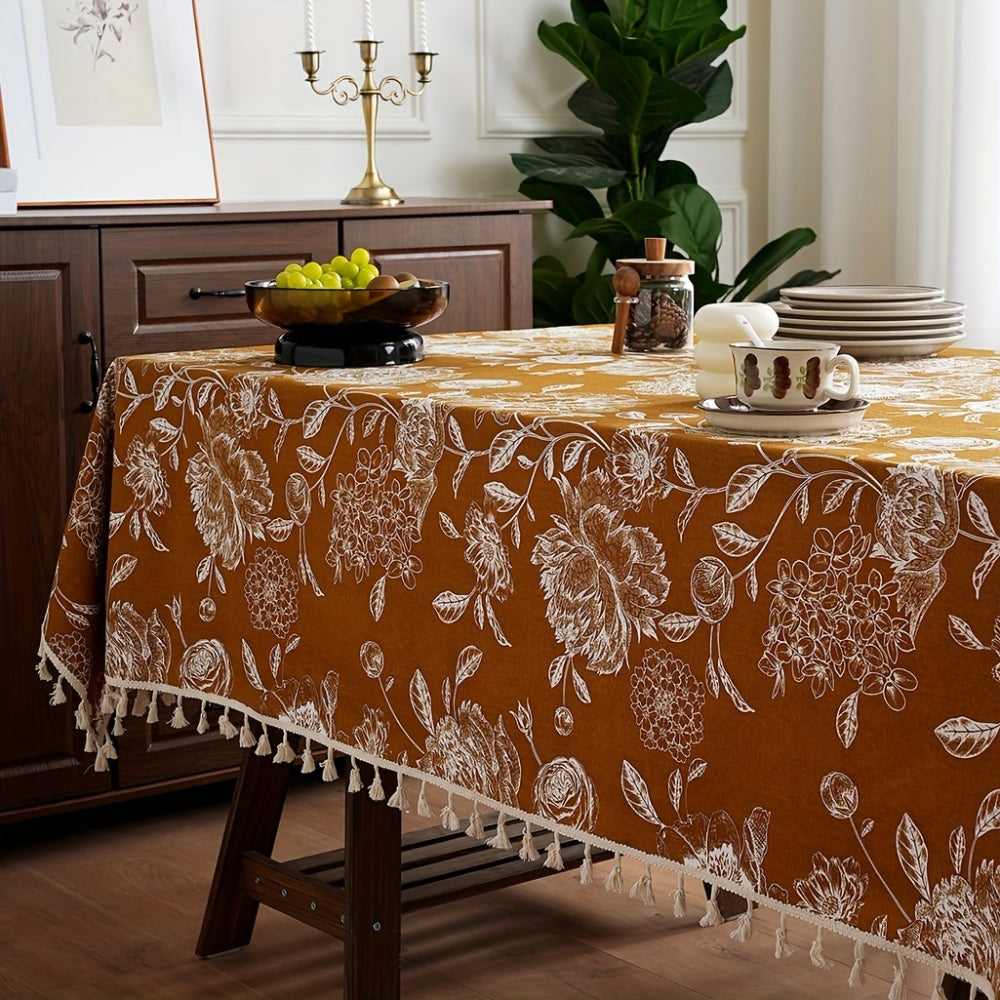 Nappe boho fleurie à pompons motif paon