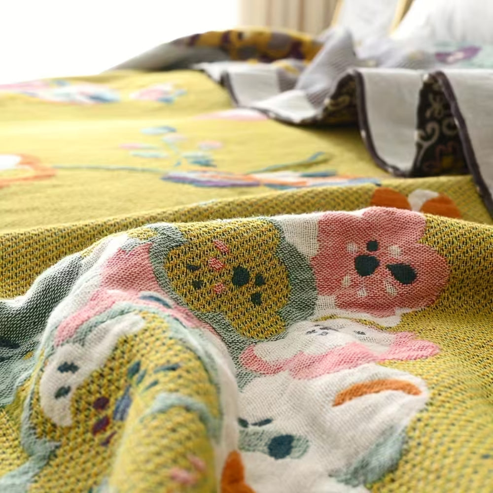 Plaid boho jardin fleuri et oiseaux | 100 % coton