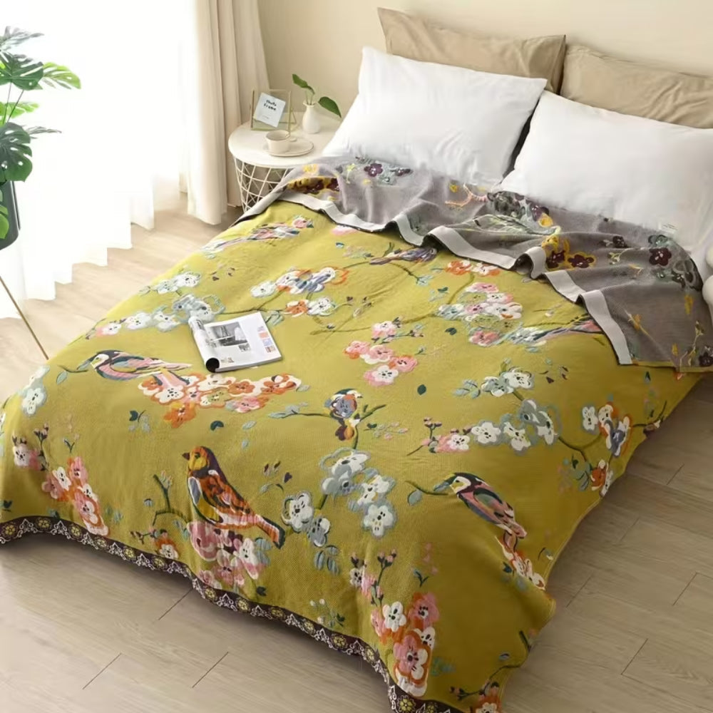 Plaid boho jardin fleuri et oiseaux | 100 % coton – 79"x90.5"
