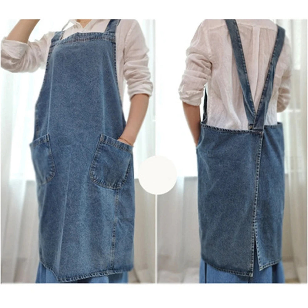 Tablier décontracté en denim à poches – Vintage Bleu
