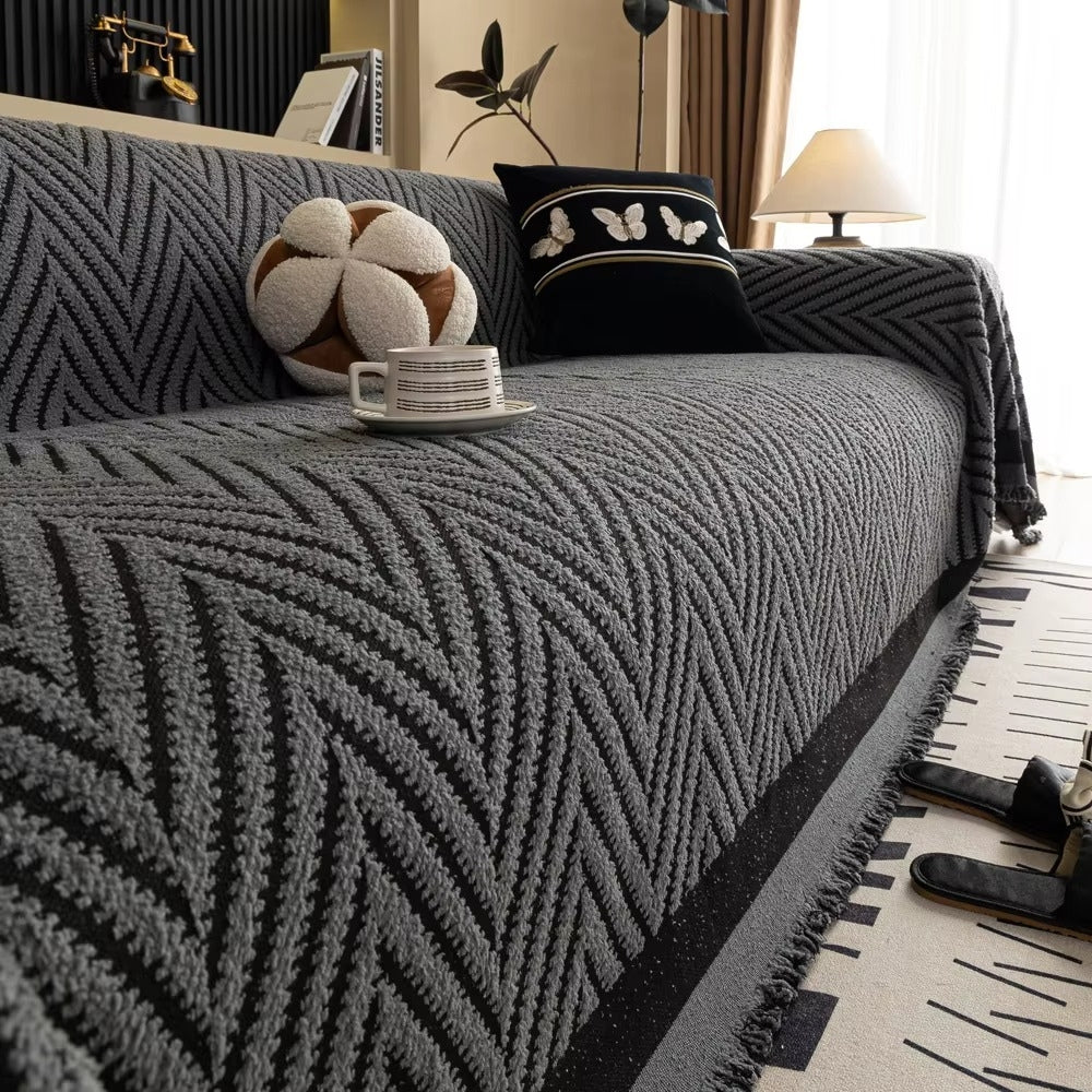 Housse de canapé à chevrons et pompons – Anthracite Weave