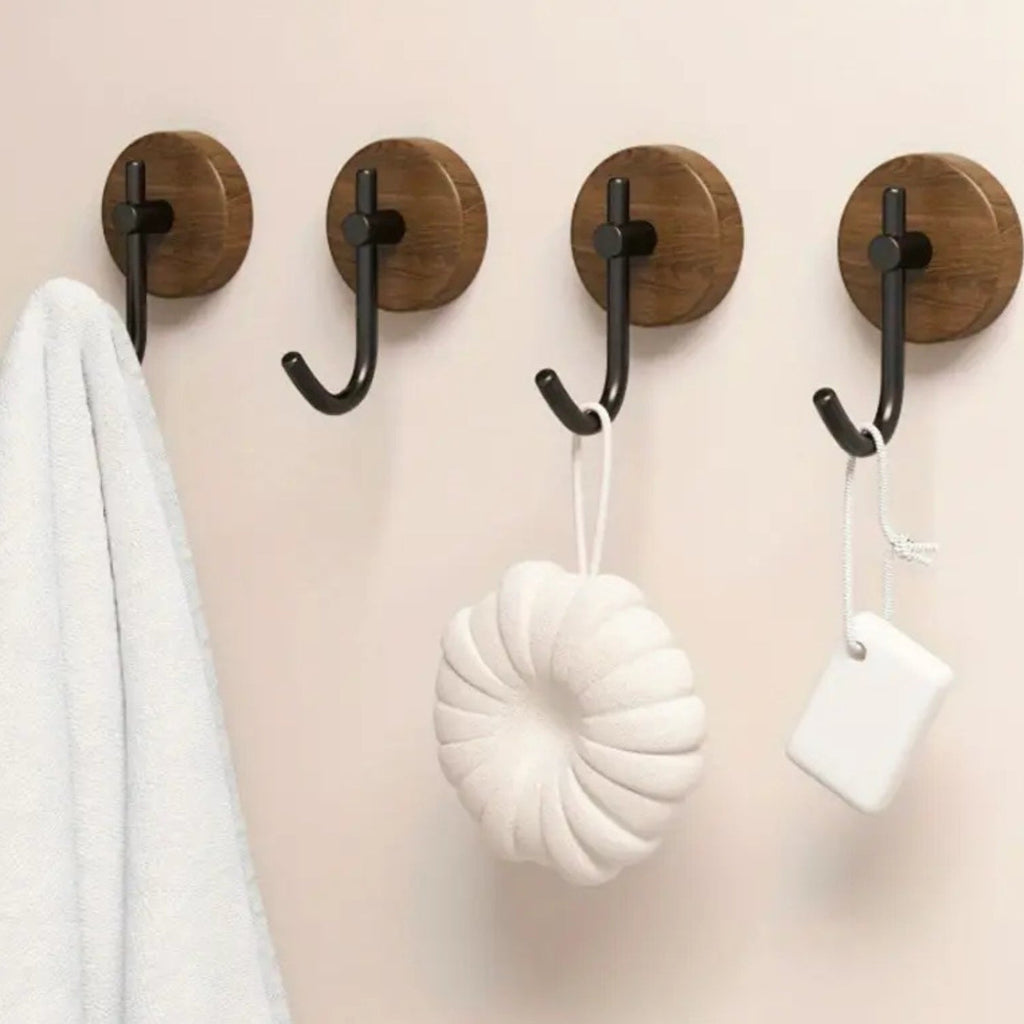 Patère ronde adhésive en bois – Walnut Dot