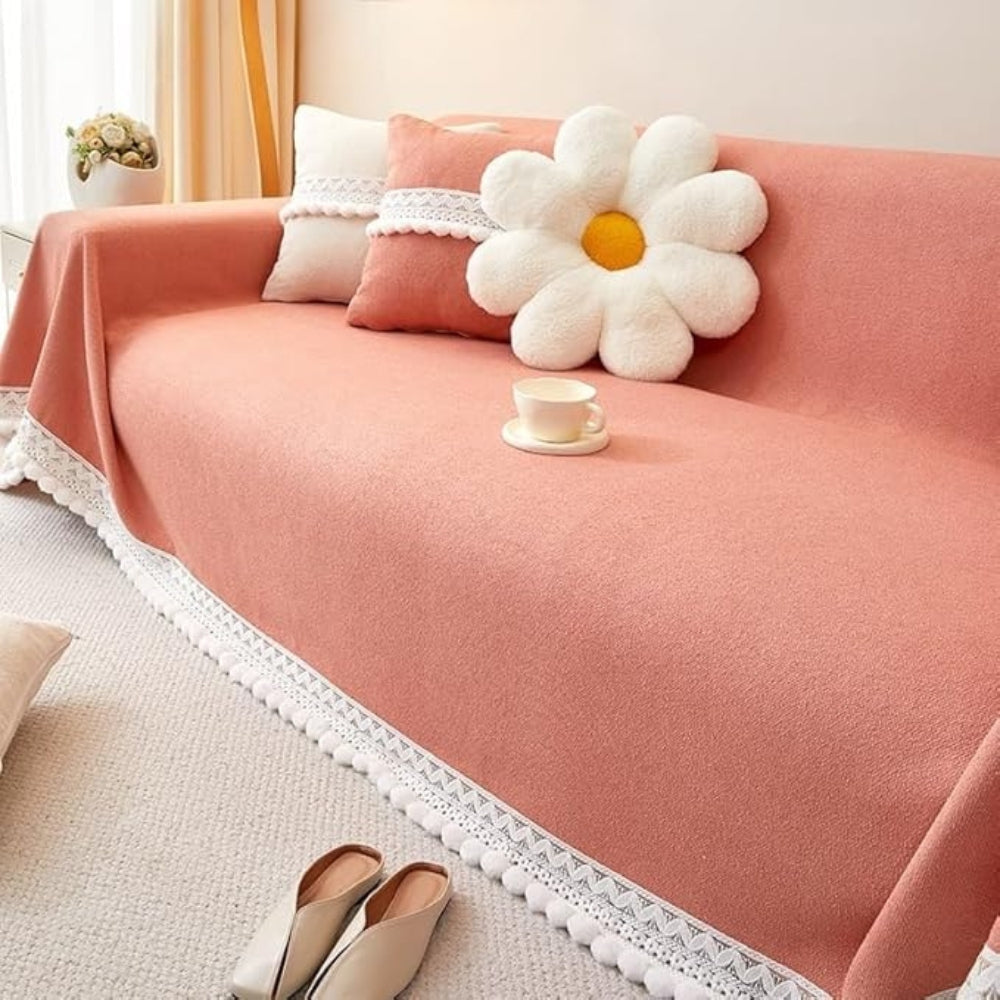 Housse de canapé en chenille à bordure dentelle – Ash Taupe