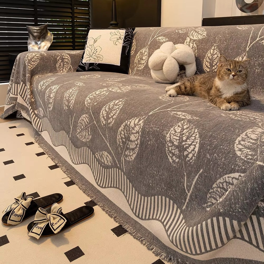 Housse de canapé en chenille motif feuilles
