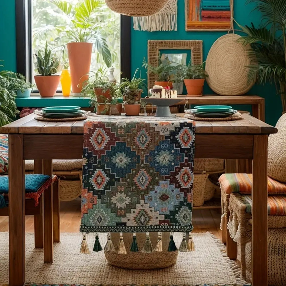 Chemin de table géométrique coloré à pompons
