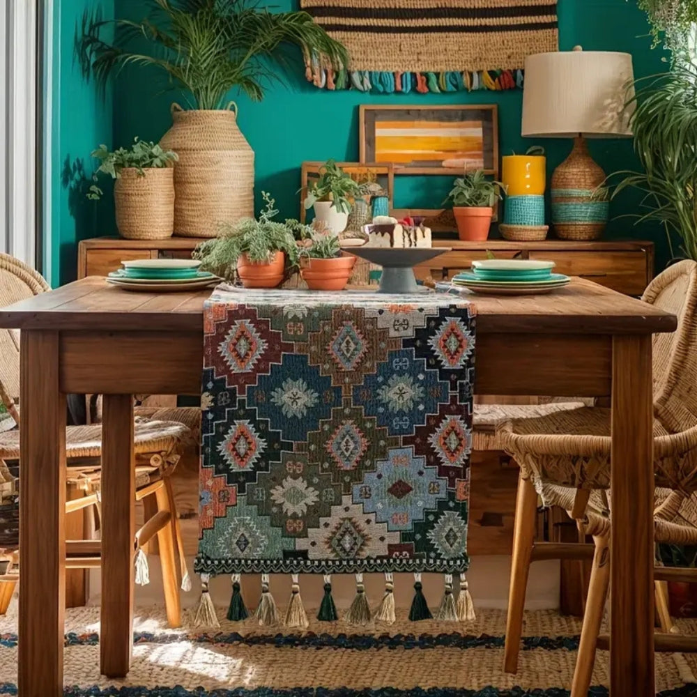 Chemin de table géométrique coloré à pompons – 13"x47"