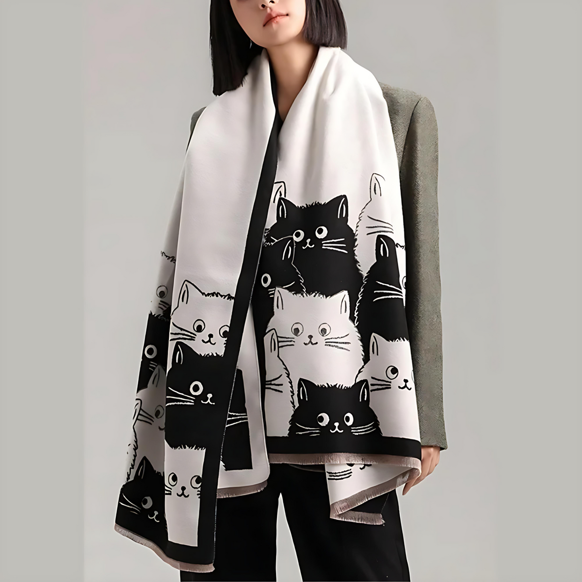 Écharpe d'hiver jacquard motif chats – Noir Ivoire