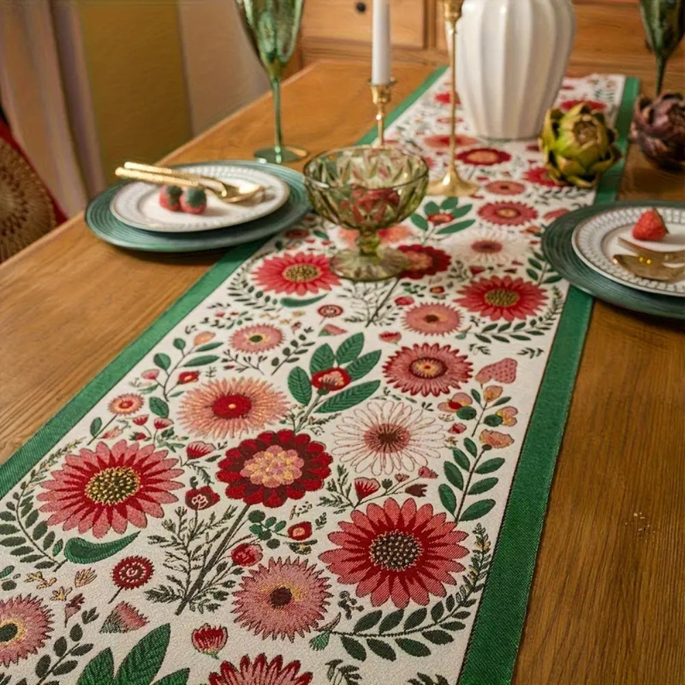 Chemin de table brodé fleuri à pompons
