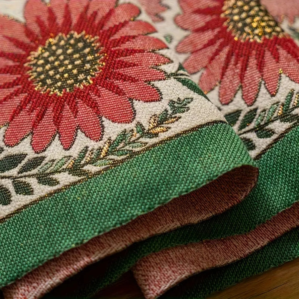 Chemin de table brodé fleuri à pompons