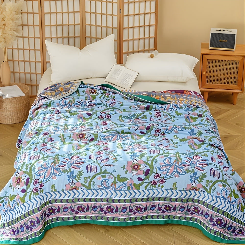 Plaid réversible fleurs européennes | 100 % coton – Bleu Blossom
