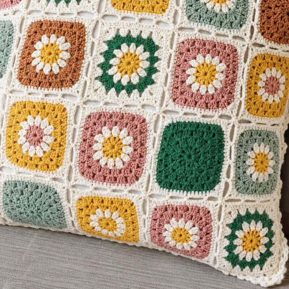 Housse de coussin au crochet fleurie