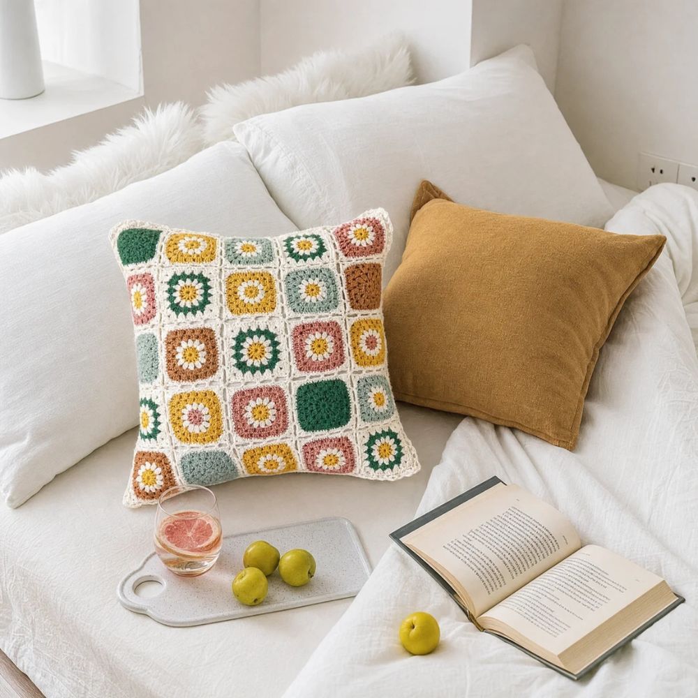 Housse de coussin au crochet fleurie
