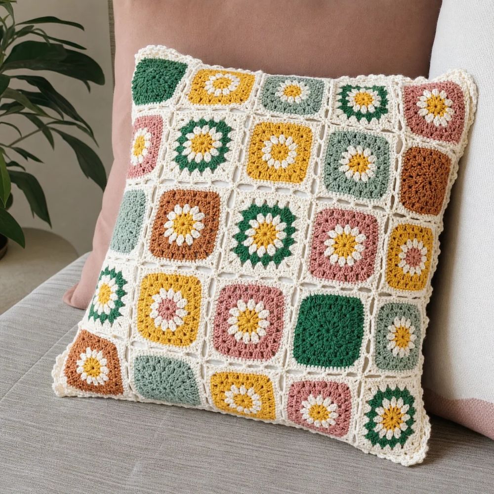 Housse de coussin au crochet fleurie