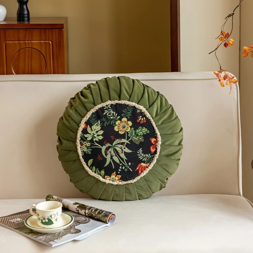 Coussin rond en velours bouquet fleuri