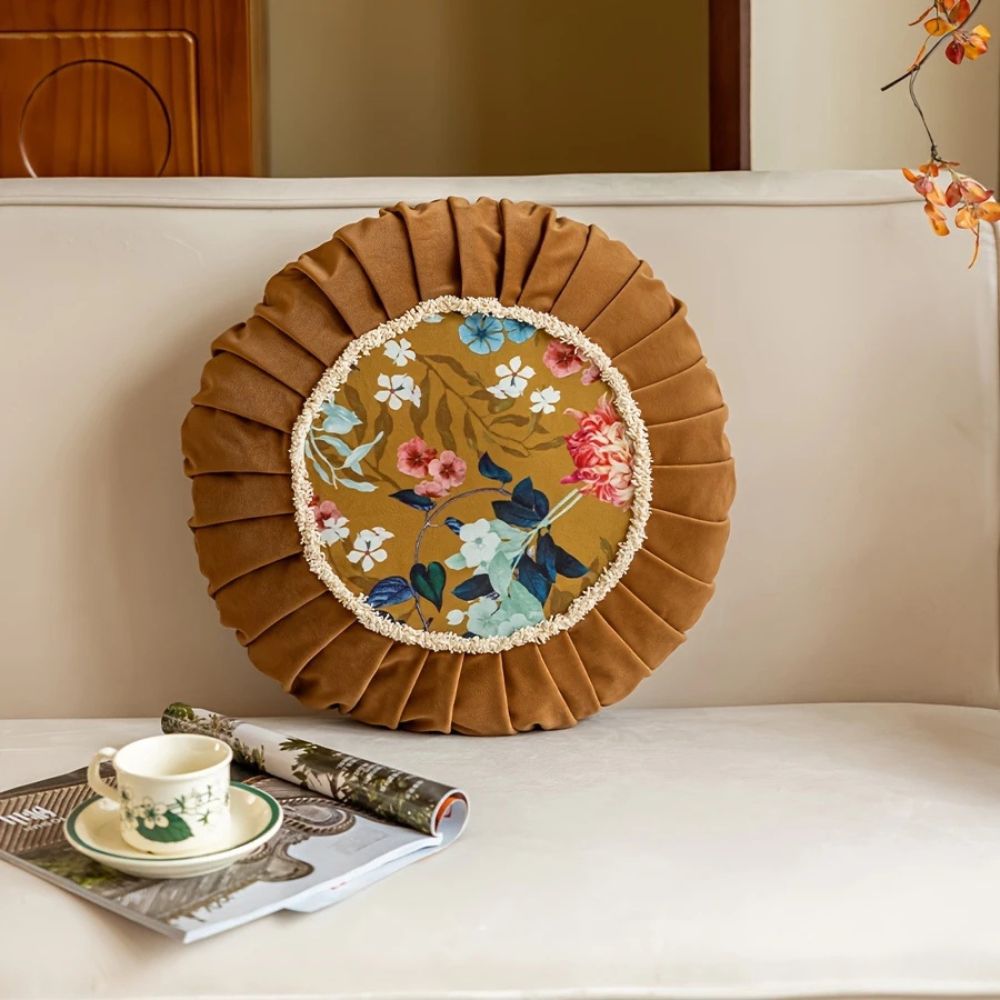 Coussin rond en velours bouquet fleuri