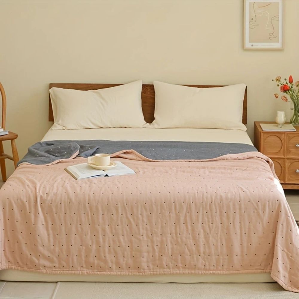 Plaid en gaze de coton double épaisseur surpiqûres cœur – Sunset Crème