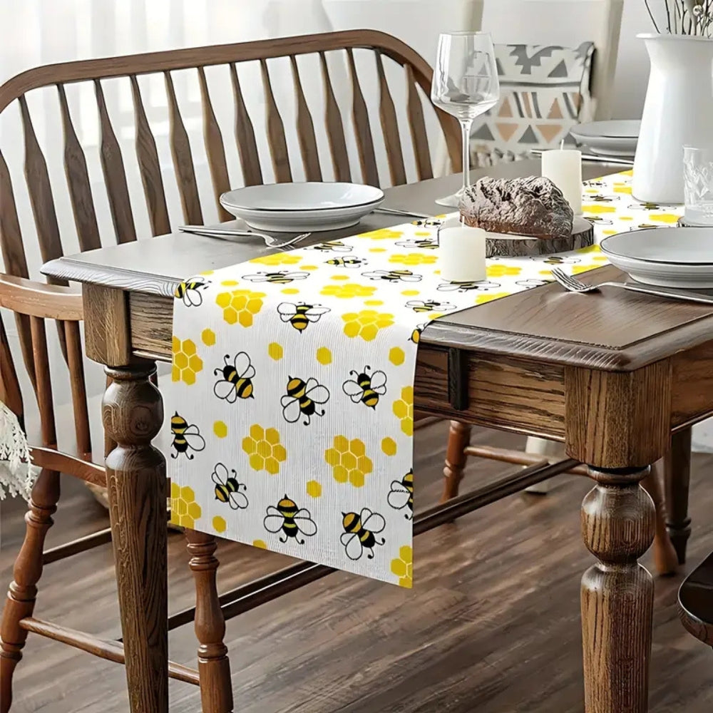 Chemin de table en lin motif nid d'abeille