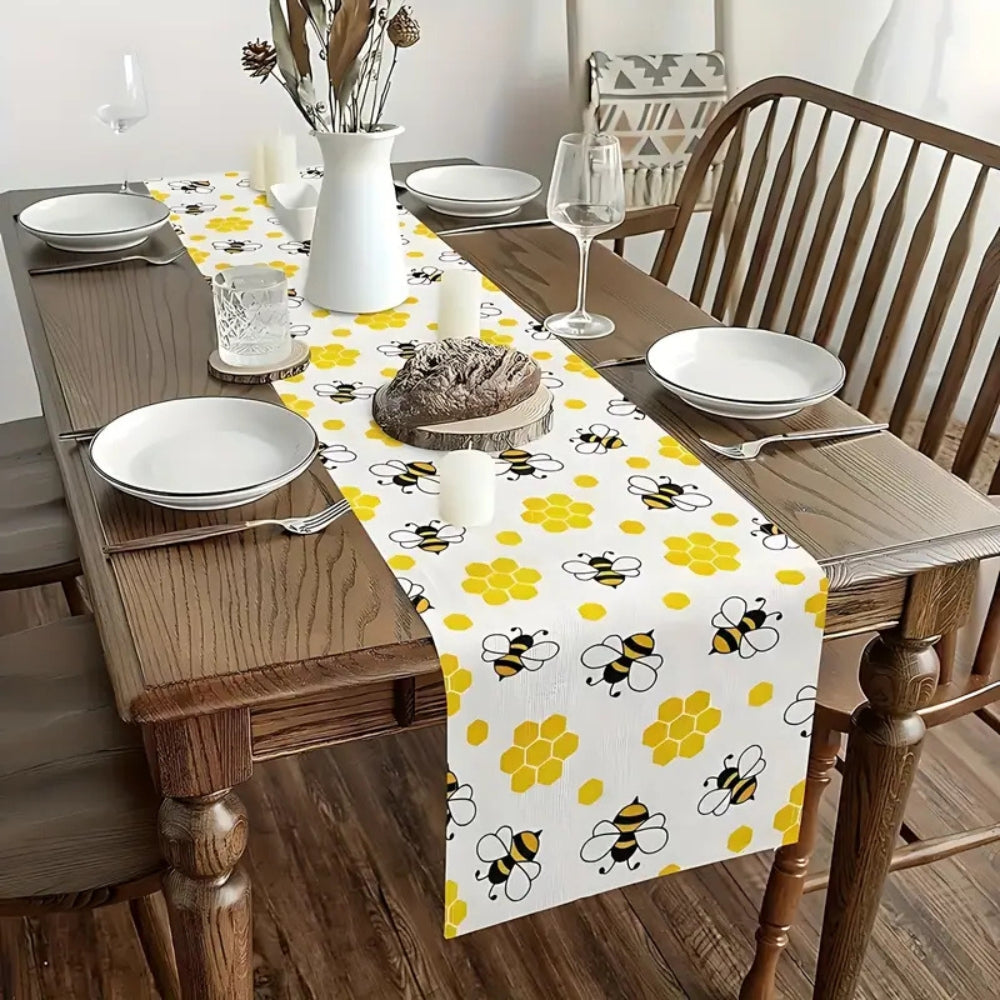 Chemin de table en lin motif nid d'abeille